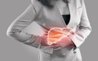 Woman in pain with an outline image of a liver